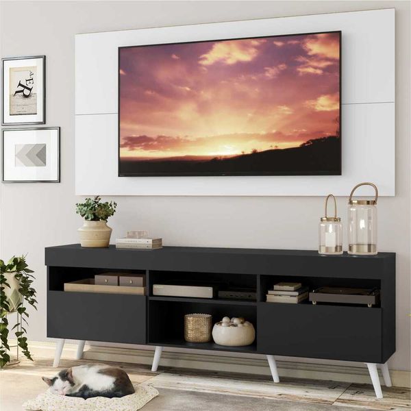 Rack com Painel TV 65" Londres Multimóveis Pés Retrô e 2 portas Preto/Branco/Branco