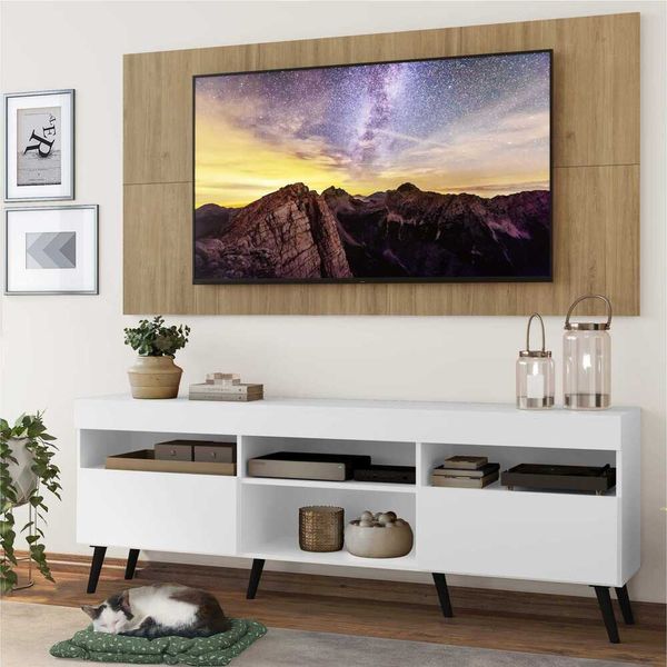 Rack com Painel TV 65" Londres Multimóveis Pés Retrô e 2 portas Branco/Rustic/Preto