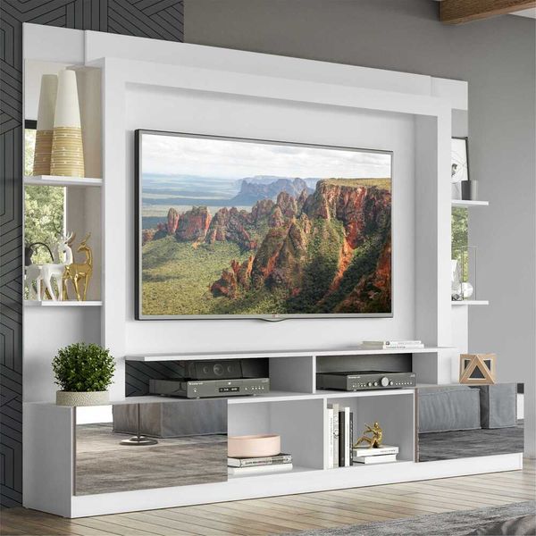 Rack Estante com Suporte TV 65" e Espelho Oslo Multimóveis Branco/Lacca Fumê