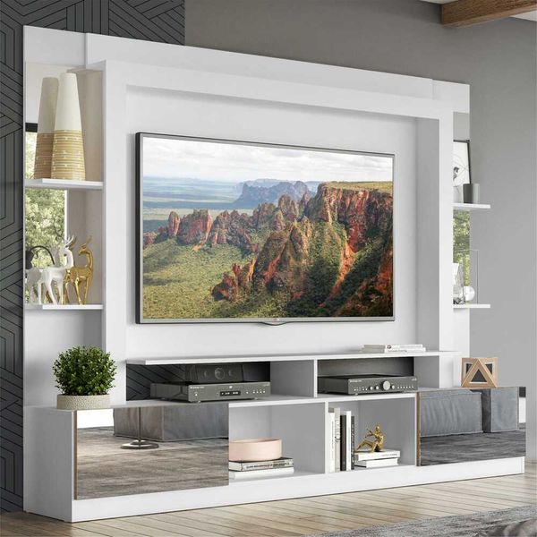 Rack Estante com Suporte TV 65" e Espelho Oslo Multimóveis Branco/Madeirado