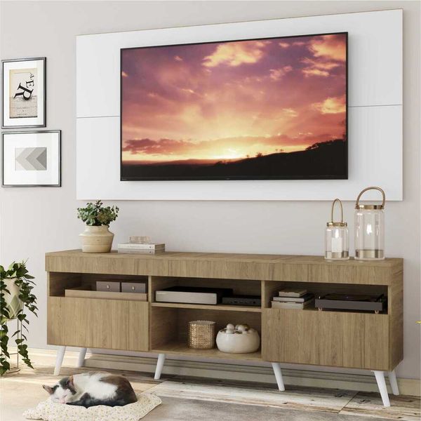 Rack com Painel TV 65" Londres Multimóveis Pés Retrô e 2 portas Rustic/Branco/Branco