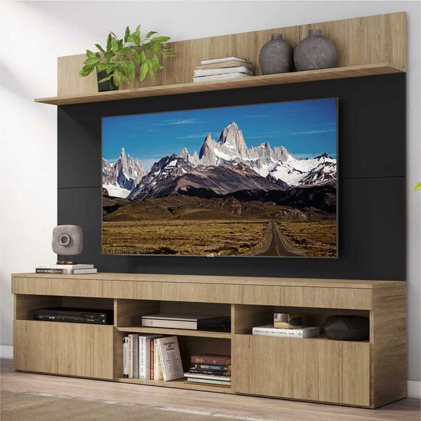 Rack com Painel TV 65" Madri Multimóveis com Suporte e Prateleira Rustic/Preto