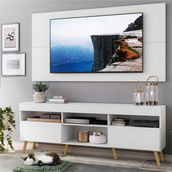 Rack com Painel TV 65" Londres Multimóveis Pés Retrô e 2 portas Branco/Natural