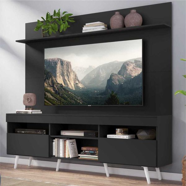 Rack com Painel TV 65" Madri Multimóveis Pés Retrô e Prateleira Preto/Branco