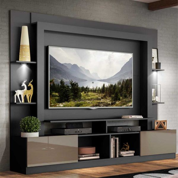 Rack Estante com Suporte TV 65" e Leds Berlim Multimóveis Preto/Lacca Fumê