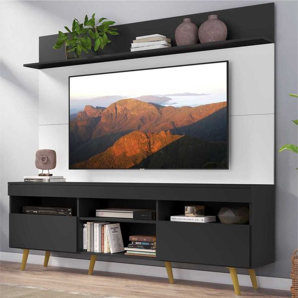 Rack com Painel TV 65" Madri Multimóveis Preto/Branco com Prateleira e Pés Retrô Natural