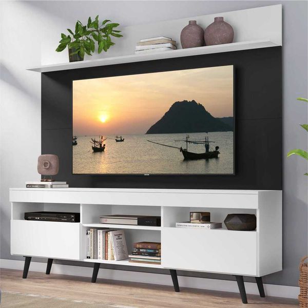 Rack com Painel TV 65" Madri Multimóveis Branco/Preto com Prateleira e Pés Retrô Preto