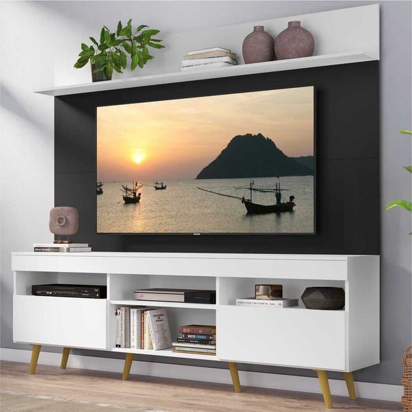 Rack com Painel TV 65" Madri Multimóveis Branco/Preto com Prateleira e Pés Retrô Natural