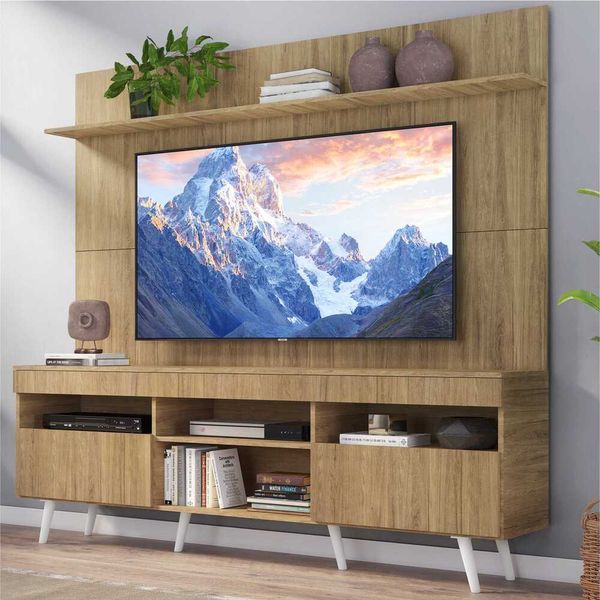 Rack com Painel TV 65" Madri Multimóveis Rustic com Prateleira e Pés Retrô Branco