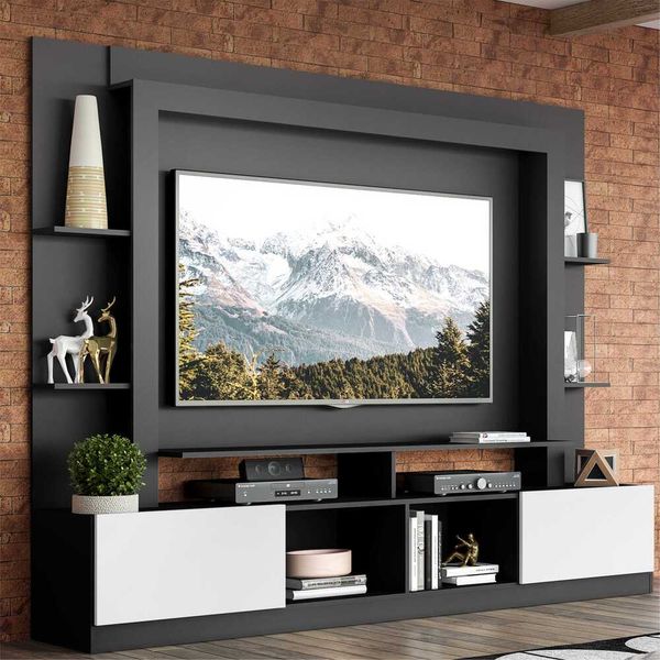 Rack Estante com Painel TV 65" e 2 portas Oslo Multimóveis Preto/Branco