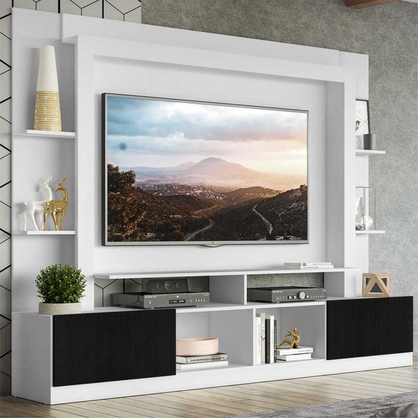 Rack Estante com Painel TV 65" e 2 portas Oslo Multimóveis Branco/Preto