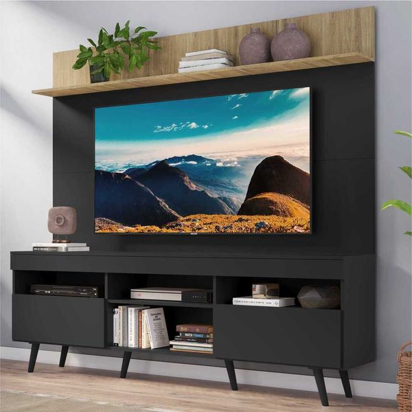 Rack com Painel TV 65" Madri Multimóveis MP3371.566 Preto/Rustic com Prateleira e Pés Retrô Preto