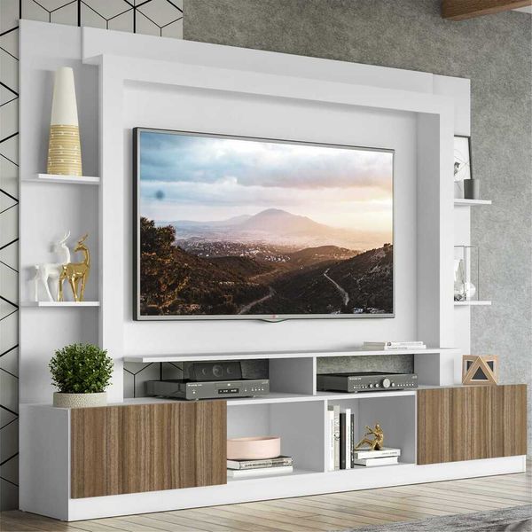 Rack Estante com Painel TV 65" e 2 portas Oslo Multimóveis Branco/Madeirado