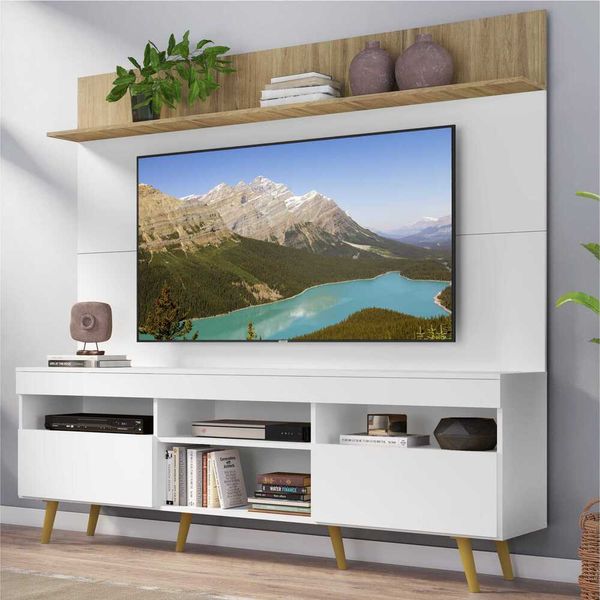 Rack com Painel TV 65" Madri Multimóveis MP3371.572 Branco/Rustic com Prateleira e Pés Retrô Natural