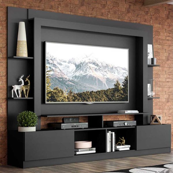 Rack Estante com Painel e Suporte TV 65" e 2 portas Oslo Multimóveis Preto