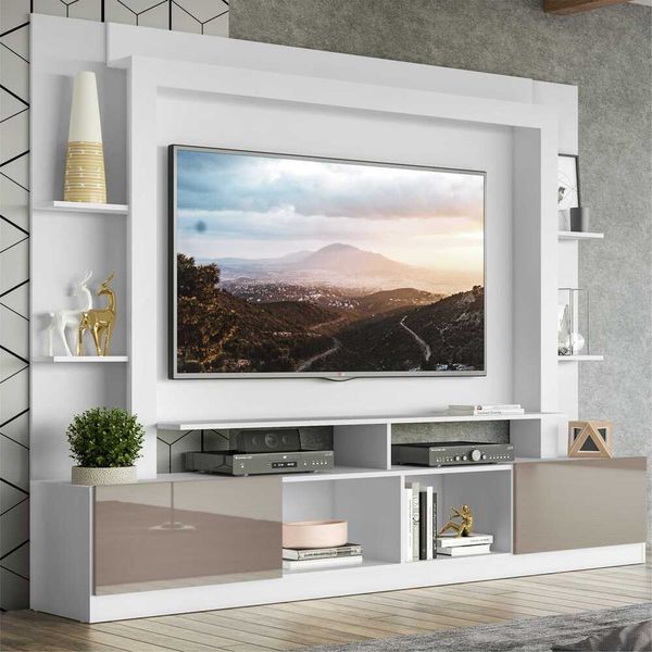 Rack Estante com Painel e Suporte TV 65" e 2 portas Oslo Multimóveis Branco/Lacca Fumê