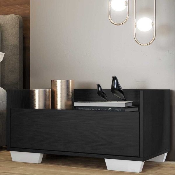 Mesa de Cabeceira 80 cm com Pés Quadrados Multimóveis Preta/Branca