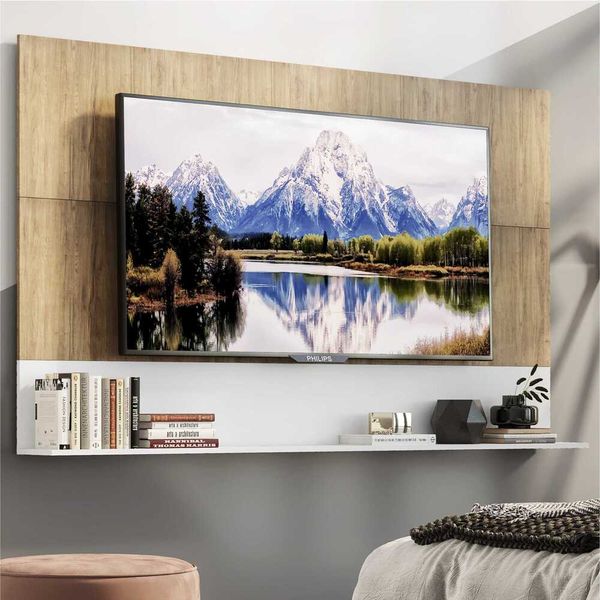 Painel com Suporte TV 65" e Prateleira Amsterdã Up Multimóveis Rustic/Branco