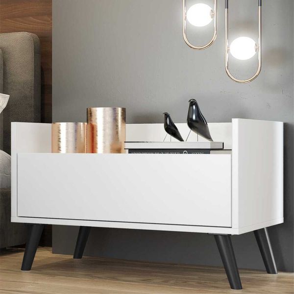 Kit com 2 Mesas de Cabeceira 80 cm com Pés Retrô Multimóveis Branca/Preta