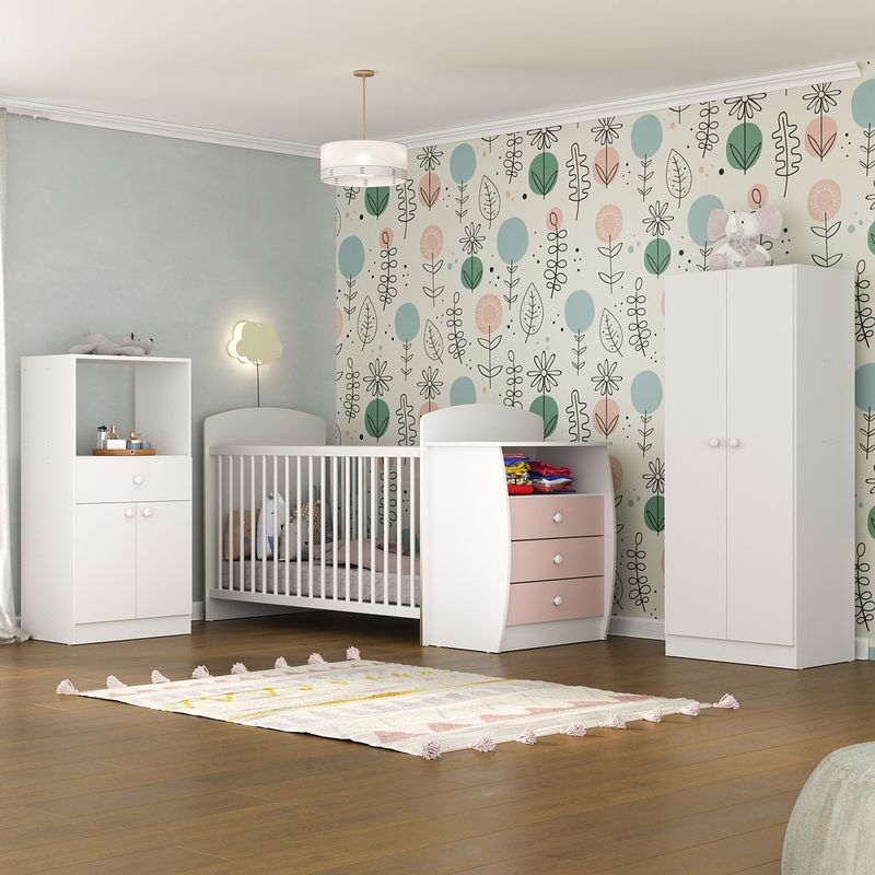 quarto-infantil-com-berco-comoda-laura-multimoveis-branco-rosa-quarto-infantil-com-berco-comoda-laura-multimoveis-branco-rosa