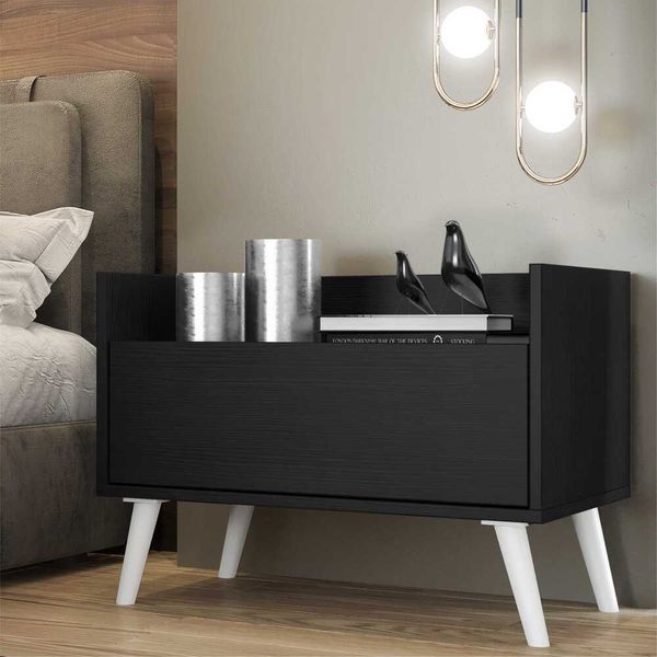 Mesa de Cabeceira 60 cm com Pés Retrô Multimóveis Preta/Branca