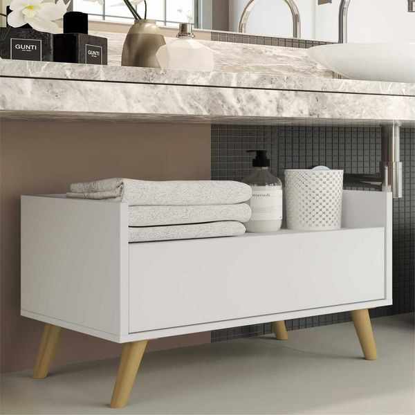 Gabinete Balcão Banheiro 80 cm com Pés Retrô Multimóveis Branco/Natural