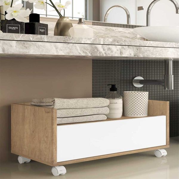Gabinete Armário Banheiro 80 cm com Rodízios Multimóveis Rustic/Branco