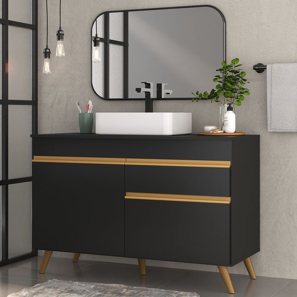 Gabinete Banheiro 2 Portas e 1 Gaveta Retrô 120cm Multimóveis MP5025 Preto