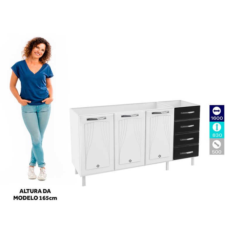 Balcão Pia P/Cozinha 160cm 3 Portas 4 Gaveta Branco sem Tampo