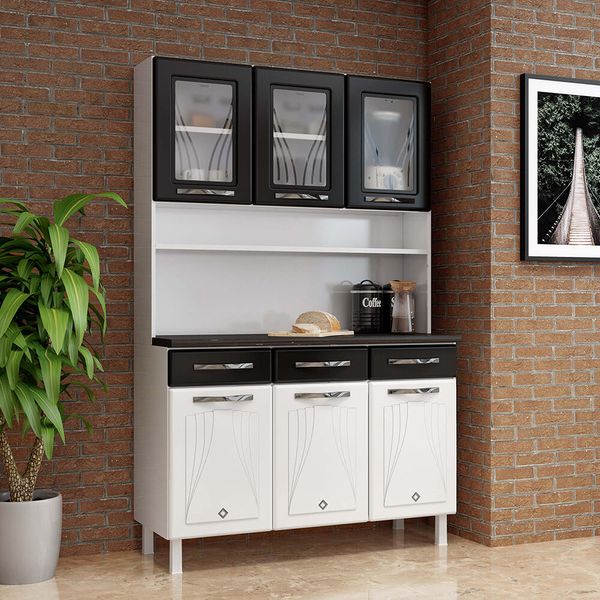 Armário de Cozinha de Aço Kit Triplo 120cm Clara Multimóveis CR6151 Branco/Preto