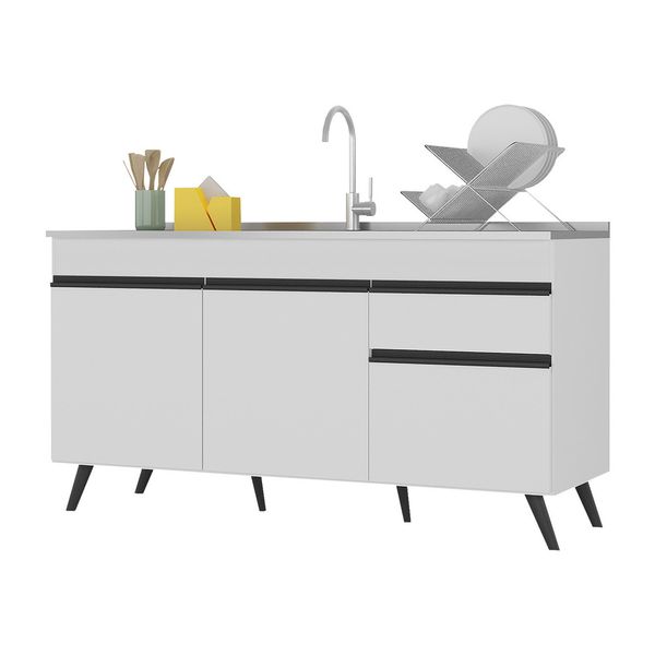 Balcão Cozinha Gabinete Pia 150 cm 3 Portas 1 Gaveta Veneza Multimóveis MP2072.964 Branco/Preto