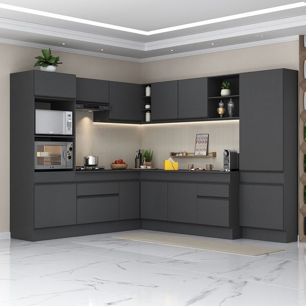 Armário de Cozinha Completa de Canto com Rodapé Veneza Multimóveis MP2082.895 Preto