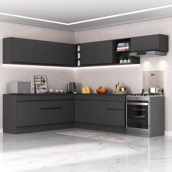 Armário de Cozinha Completa de Canto com Rodapé Veneza Multimóveis MP2103.895 Preto