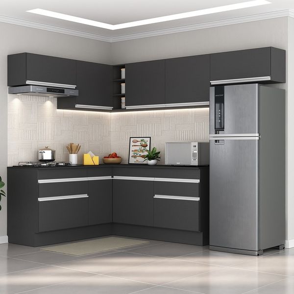 Armário de Cozinha Completa de Canto com Rodapé Veneza Multimóveis MP2104.898 Preto/Branco