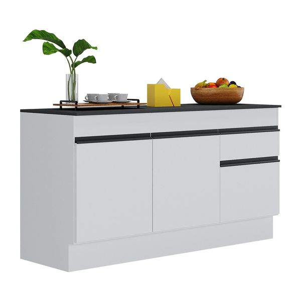 Balcão Cozinha c/ Rodapé Gabinete Pia 150cm 3 Ptas 1 Gav Veneza Multimóveis MP2107.964 Branco/Preto