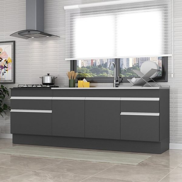 Kit 2 Balcões c/ Rodapé Gabinete Pia 150cm e Cooktop 70cm Veneza Multimóveis MP2108.898 Preto/Branco