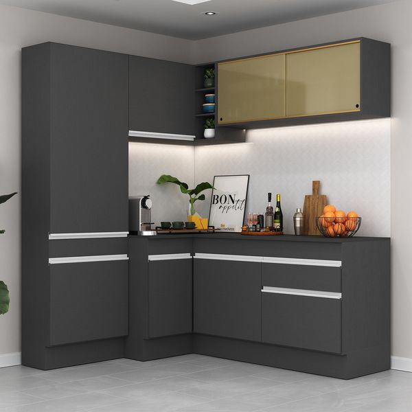Armário de Cozinha Completa de Canto com Rodapé Veneza Multimóveis MP2089.898 Preto/Branco