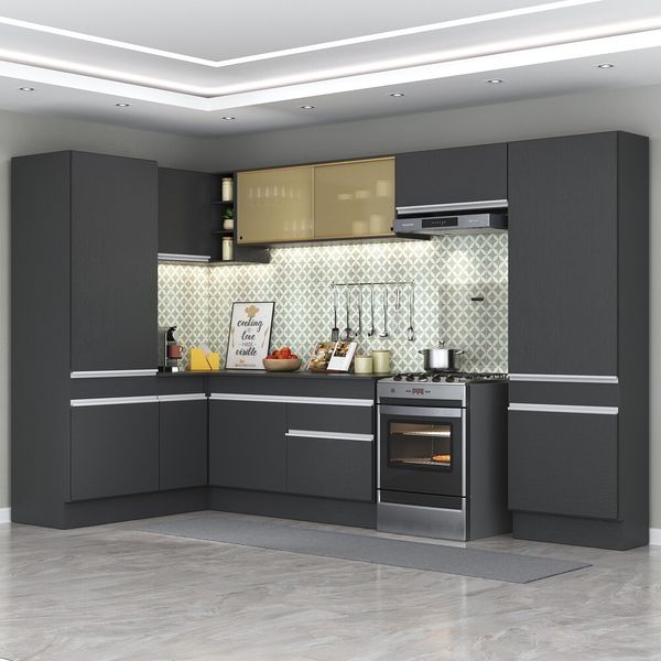 Armário de Cozinha Completa de Canto com Rodapé Veneza Multimóveis MP2090.898 Preto/Branco