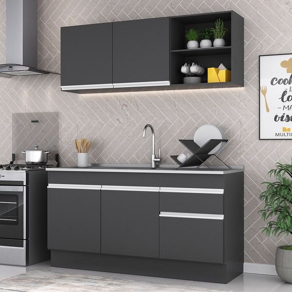 Armário de Cozinha Compacta com Rodapé Veneza Multimóveis MP2114.898 Preto/Branco