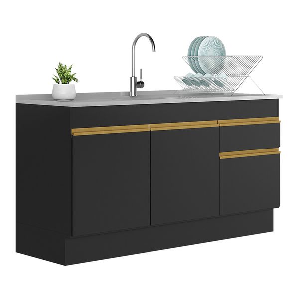 Balcão Cozinha com Rodapé Gabinete Pia 150 cm 3 Portas 1 Gaveta Veneza Multimóveis MP2115 Preto