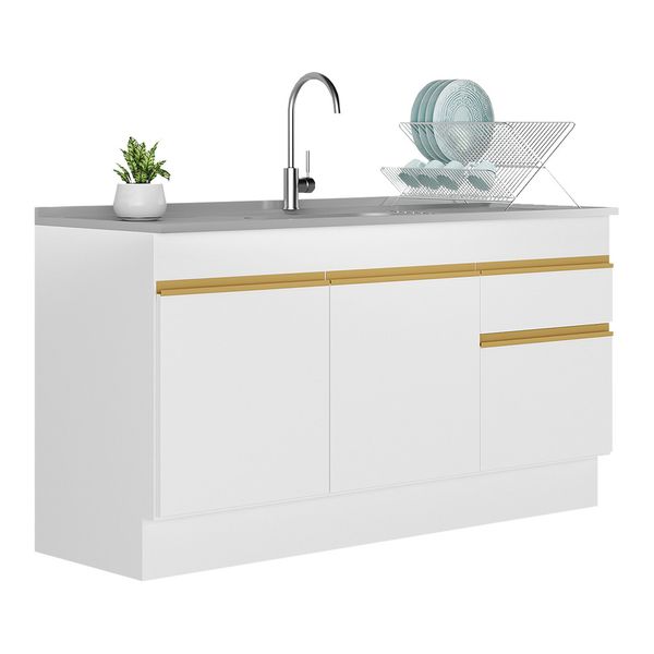 Balcão Cozinha com Rodapé Gabinete Pia 150 cm 3 Portas 1 Gaveta Veneza Multimóveis MP2115 Branco