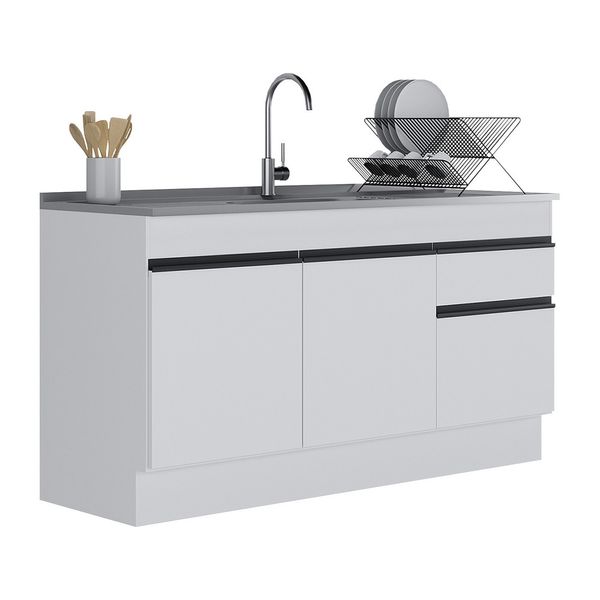 Balcão Cozinha c/ Rodapé Gabinete Pia 150cm 3 Ptas 1 Gav Veneza Multimóveis MP2115.964 Branco/Preto