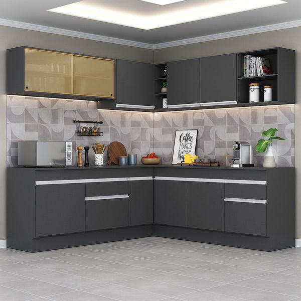 Armário de Cozinha Completa de Canto com Rodapé Veneza Multimóveis MP2096.898 Preto/Branco