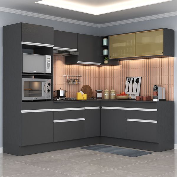 Armário de Cozinha Completa de Canto com Rodapé Veneza Multimóveis MP2099.898 Preto/Branco
