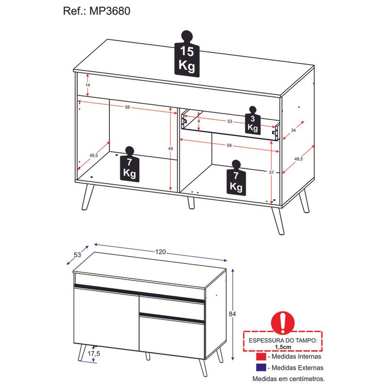 Balcão Cozinha com Rodapé Gabinete Pia 150 cm 3 Portas 1 Gaveta Veneza  Multimóveis MP2115.895