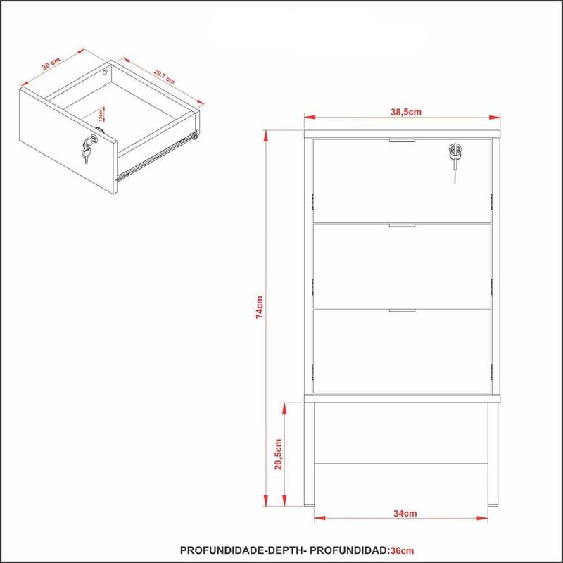 gaveteiro-para-escritorio-com-chave-multimoveis-cr25055-amendoa-preto