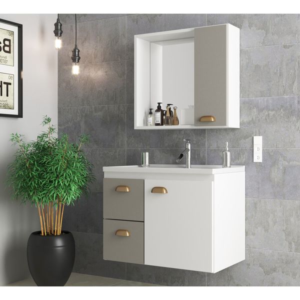 Gabinete Banheiro com Cuba e Espelheira 60cm Multimóveis CR10072 Branco/Cimento