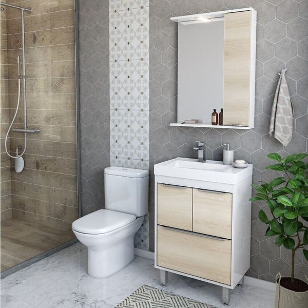 Gabinete Banheiro com Cuba e Espelheira Multimóveis CR10060 Branco/Legno Crema