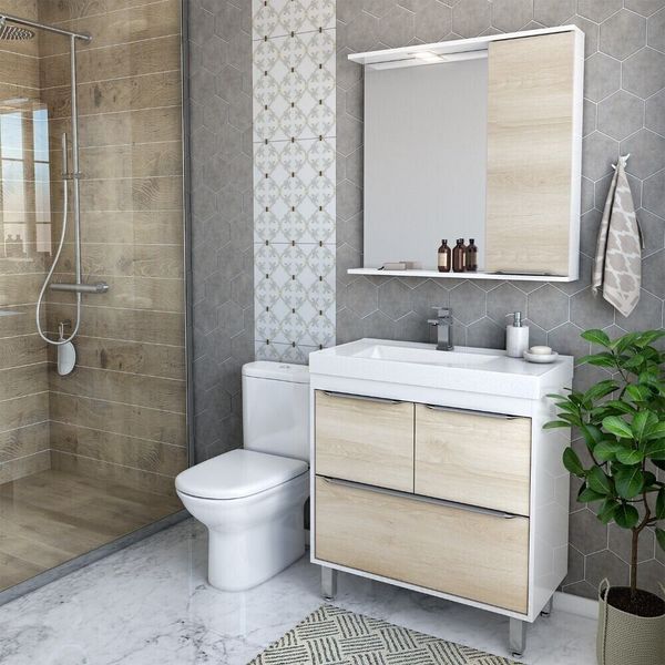 Gabinete Banheiro com Cuba e Espelheira Multimóveis CR10061 Branco/Legno Crema