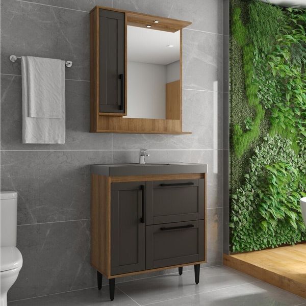 Gabinete Banheiro com Cuba e Espelheira 80cm Multimóveis CR10064 Mel/Grafite